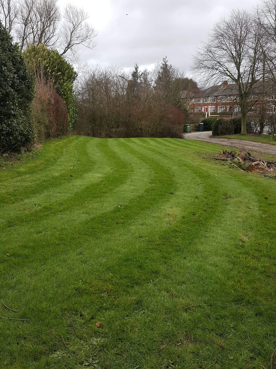 Striped, freshly cut lawn on a maintained site